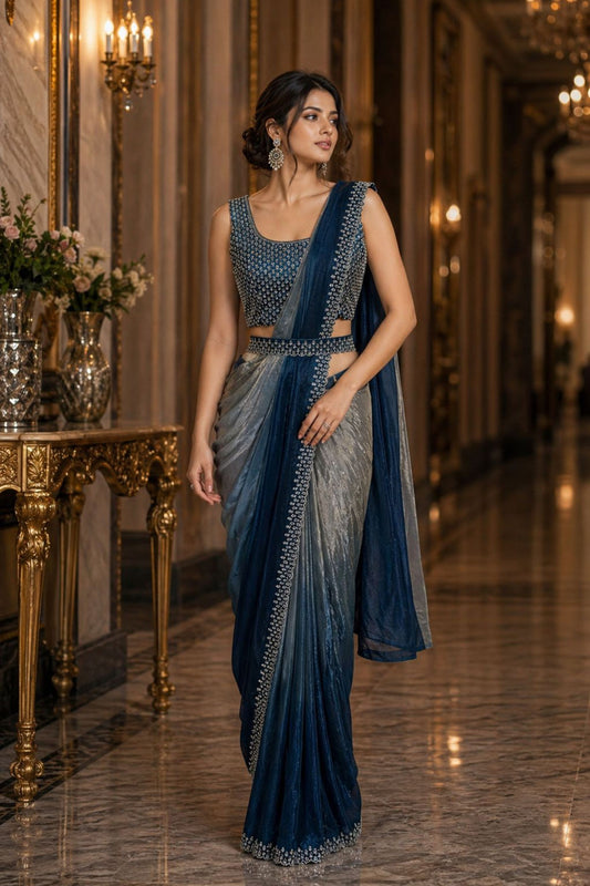 Navy Blue Silver Designer Heavy Embroidered Border Ready To Wear Saree