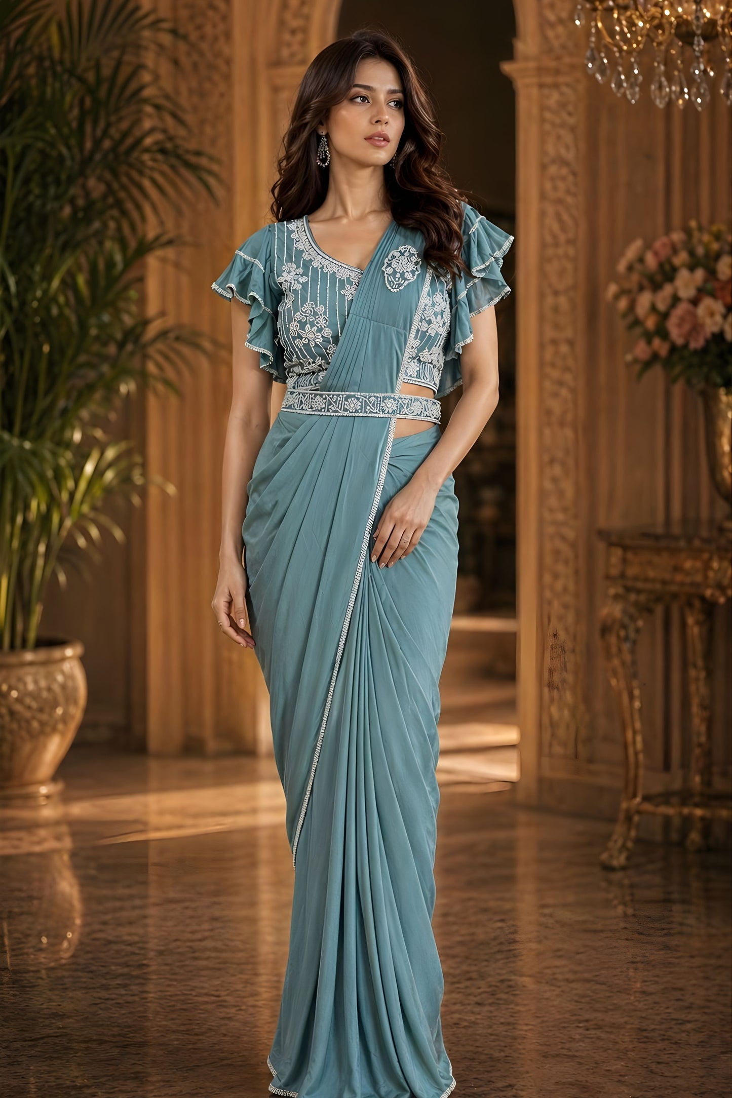 Blue Designer Ready to Wear Saree Embroidered Ruffle Blouse