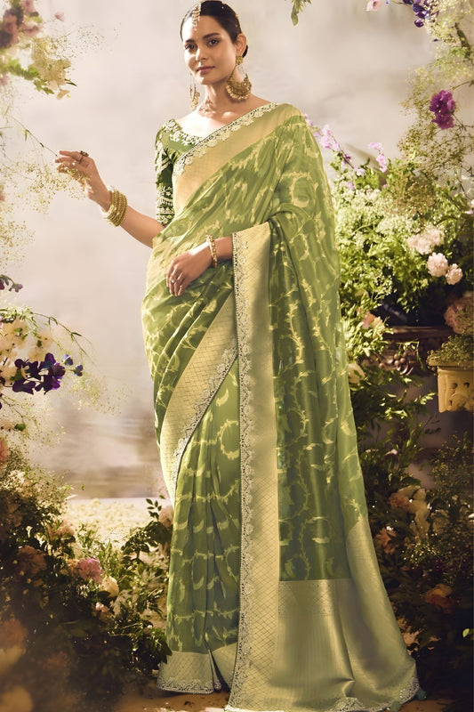 Light Olive Green Soft Silk Saree with Zari Border Designer Blouse