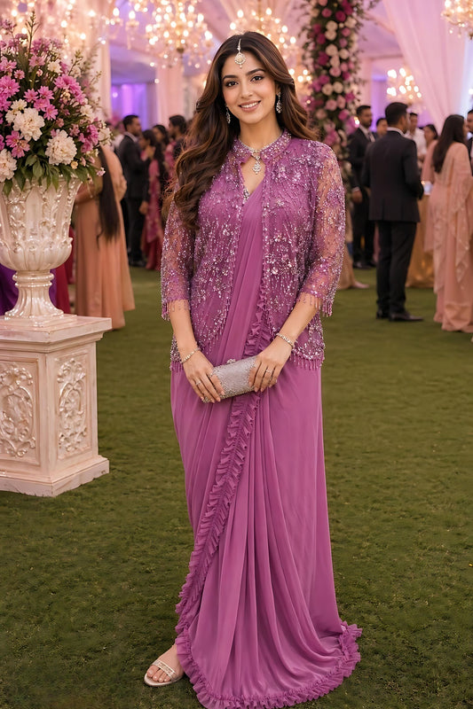 Purple Designer Ruffle Saree Sequins Embroidered Jacket Saree