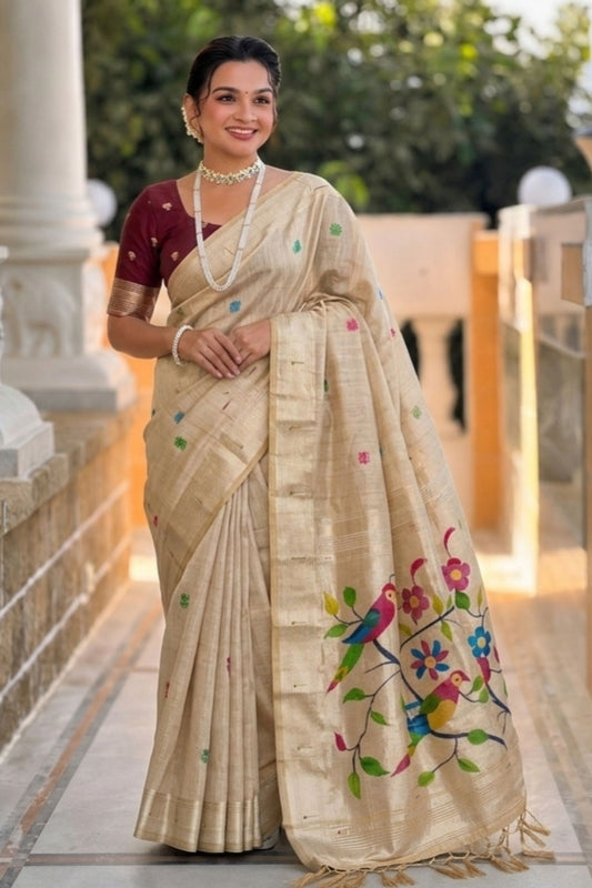 Cream Beige Tussar Silk Saree Multicolor Floral Embroidery Designer Pallu
