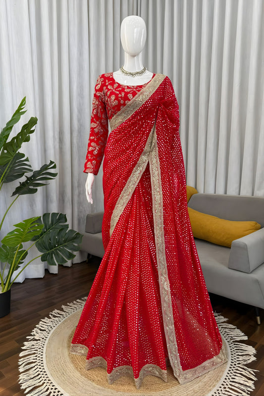 Red Georgette Saree with Gold Sequin Embroidered Blouse