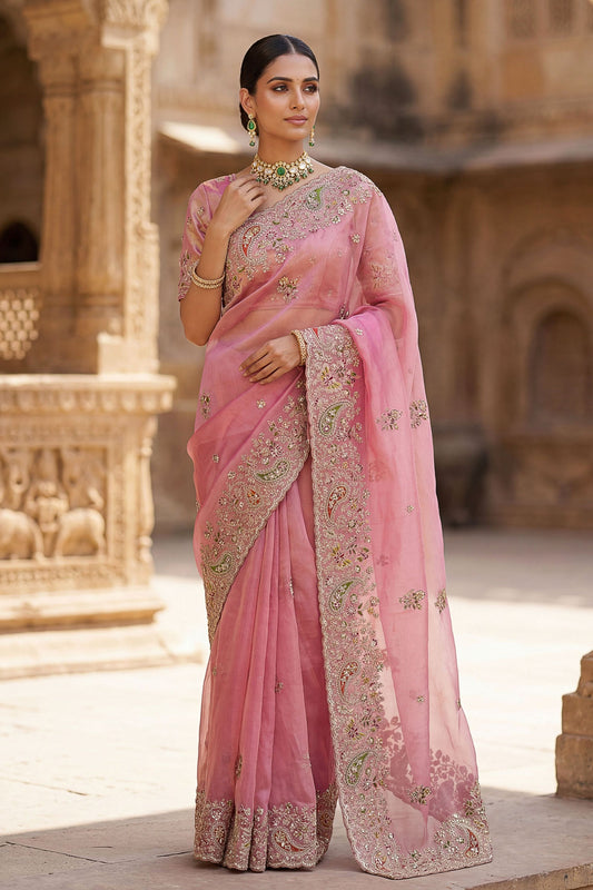 Pink Organza Silk Saree with Heavy Embroidery Designer Border