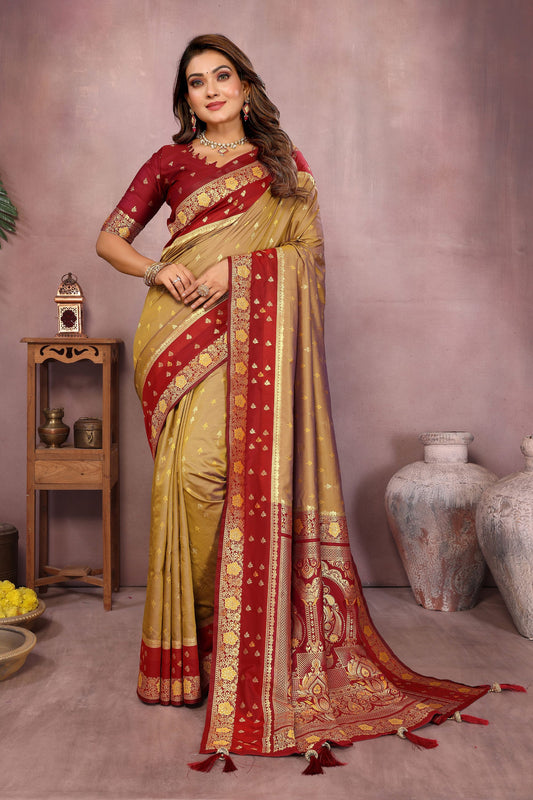 Mustard Gold Banarasi Silk Saree with Red Zari Woven Border Rich Pallu