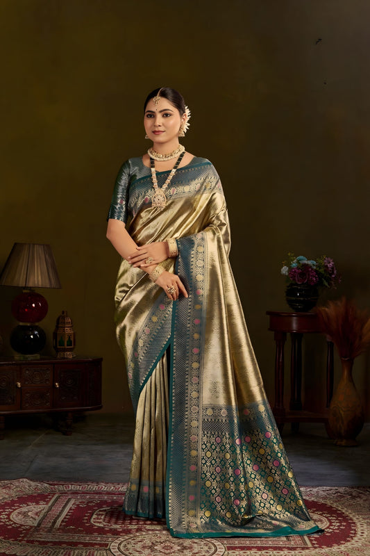 Elegant Gold Kanjivaram Silk Saree with Teal Green Zari Border