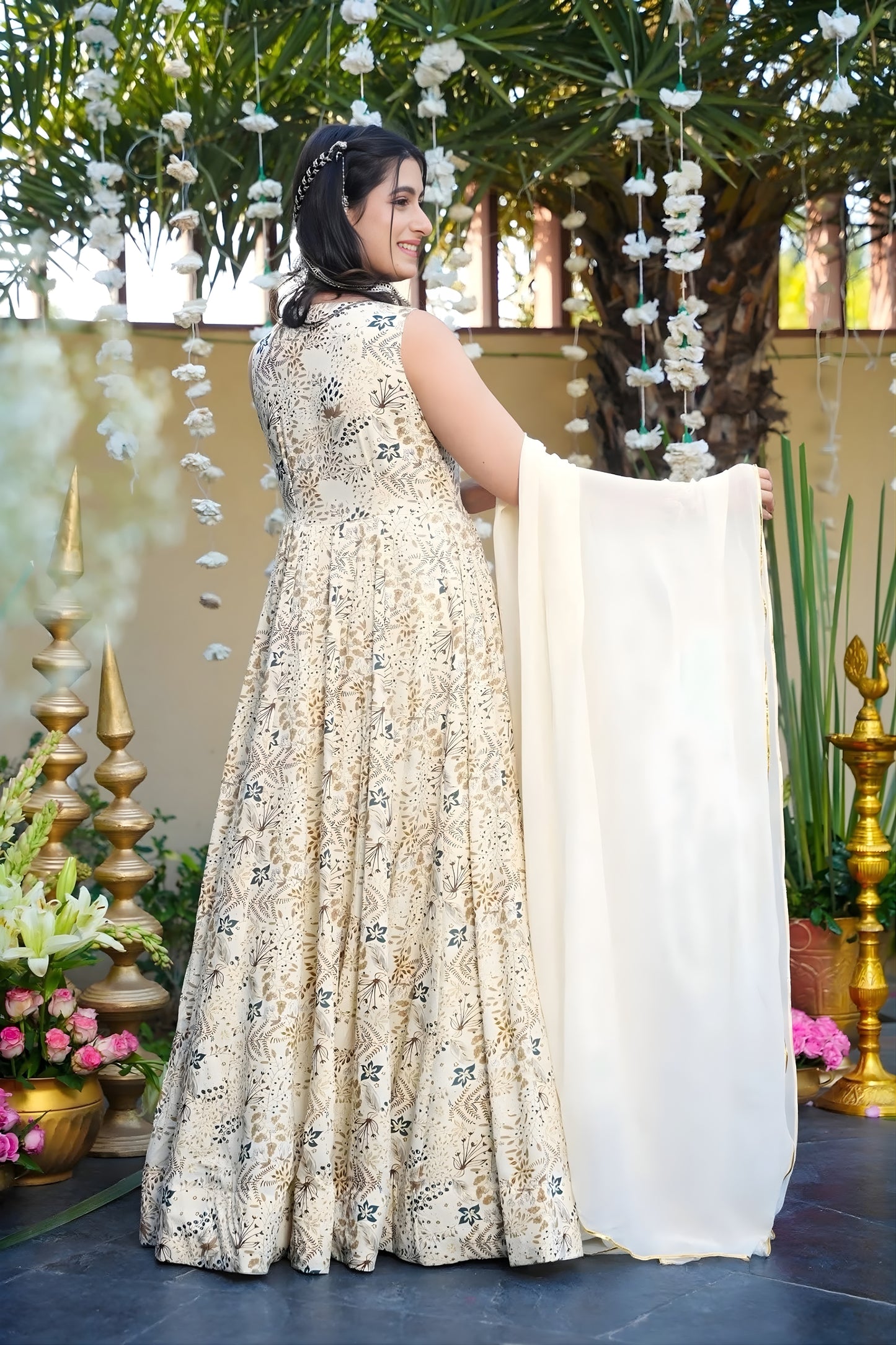 Superb Cream Rayon Digital Printed Designer Gown with Dupatta for Women