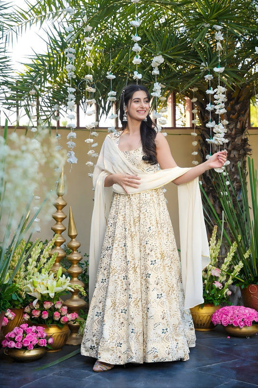 Superb Cream Rayon Digital Printed Designer Gown with Dupatta for Women