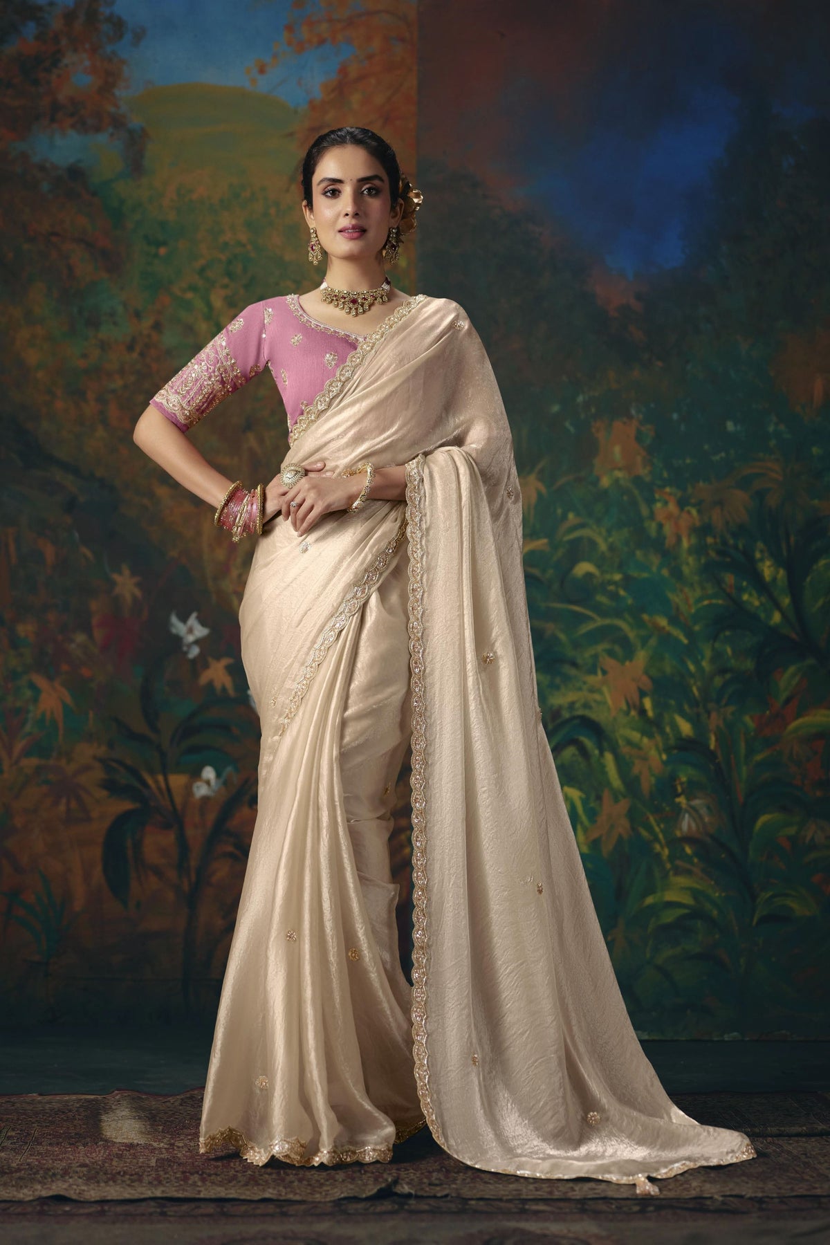 Luxurious Beige Silk Saree with Beads Work and Designer Border for Women