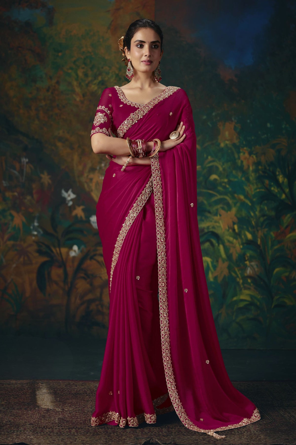 Stunning Rani Pink Silk Saree with Beads Work and Designer Border for Women