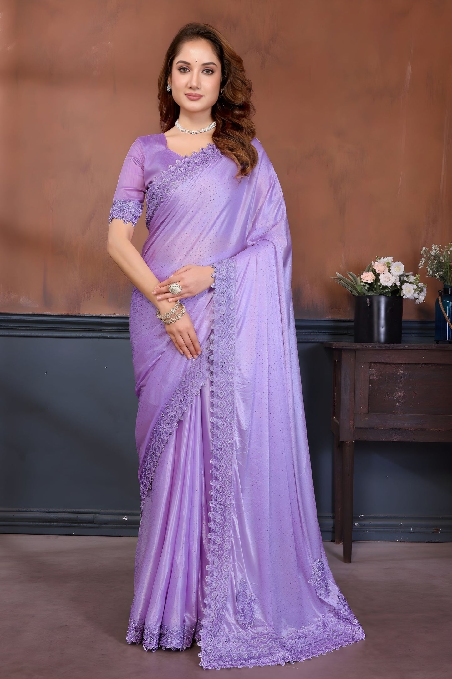 Lavender Party Wear Saree with Embroidered Lace Border