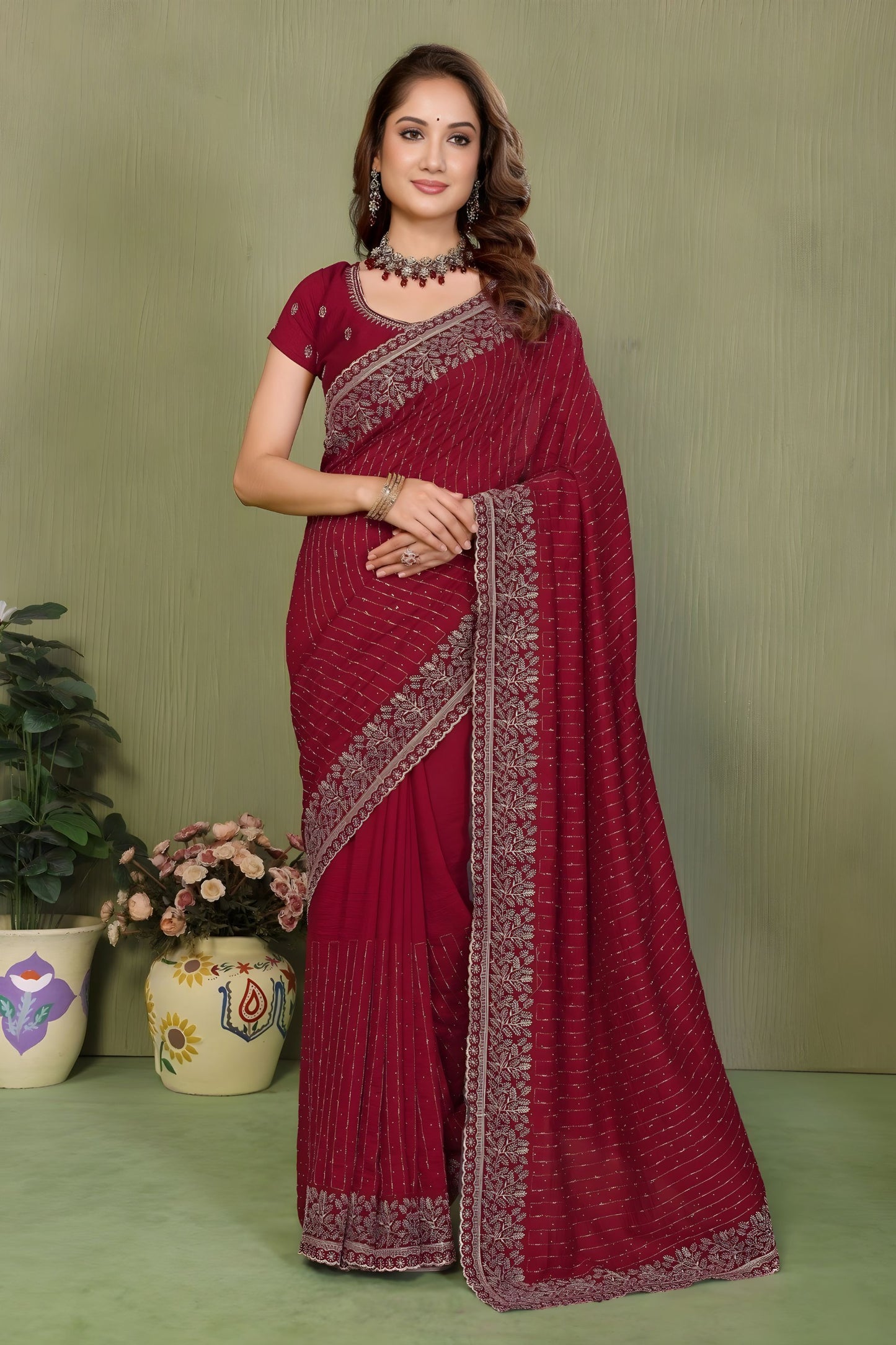 Maroon Georgette Designer Saree with Heavy Embroidered Border