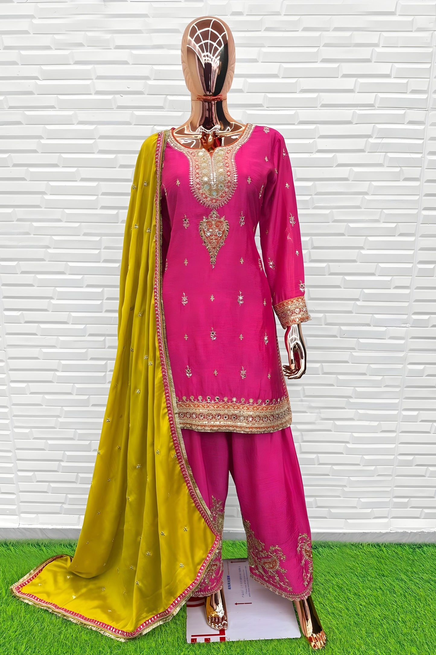 Elegant Rani Pink Chinon Silk Embroidered Salwar Suit Designer Dupatta