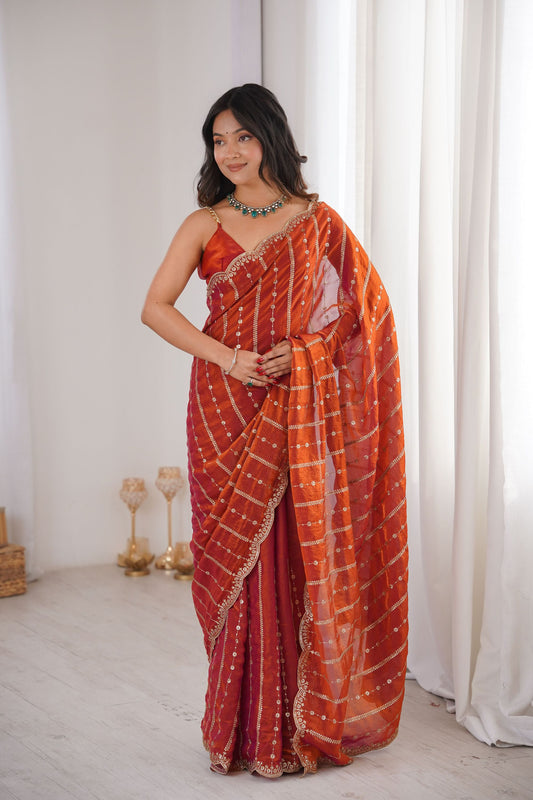 Luxury Rust Orange Organza Silk Saree Golden Zari Embroidery Designer Blouse