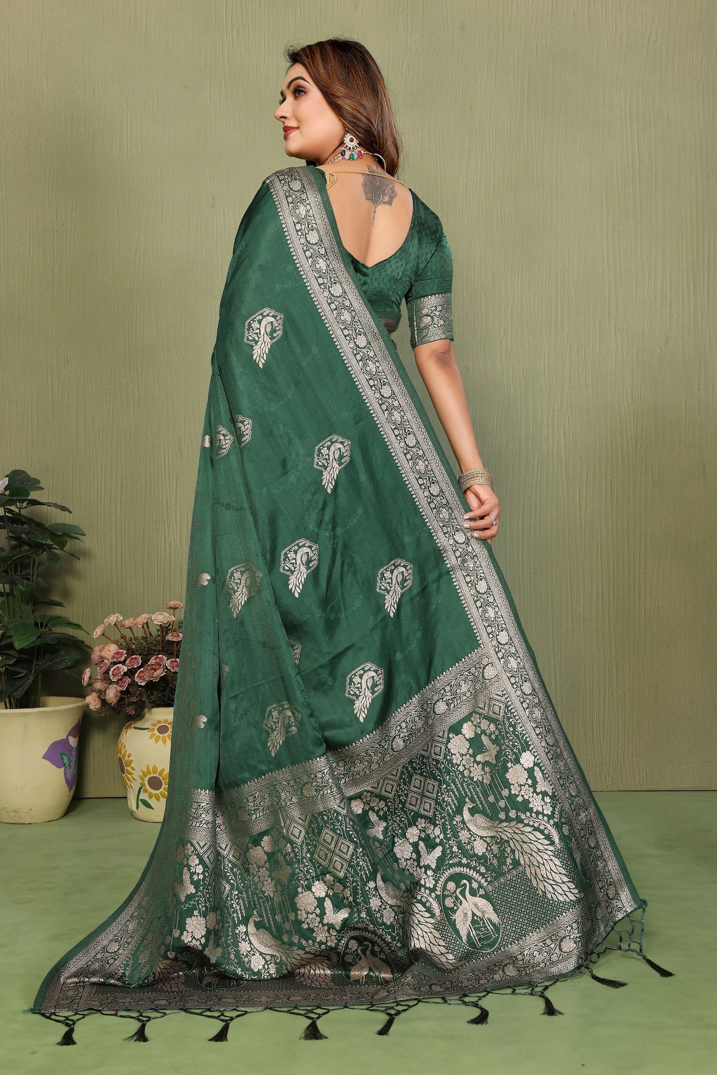 Bottle Green Banarasi Silk Saree Silver Zari Peacock Weaving Blouse Piece