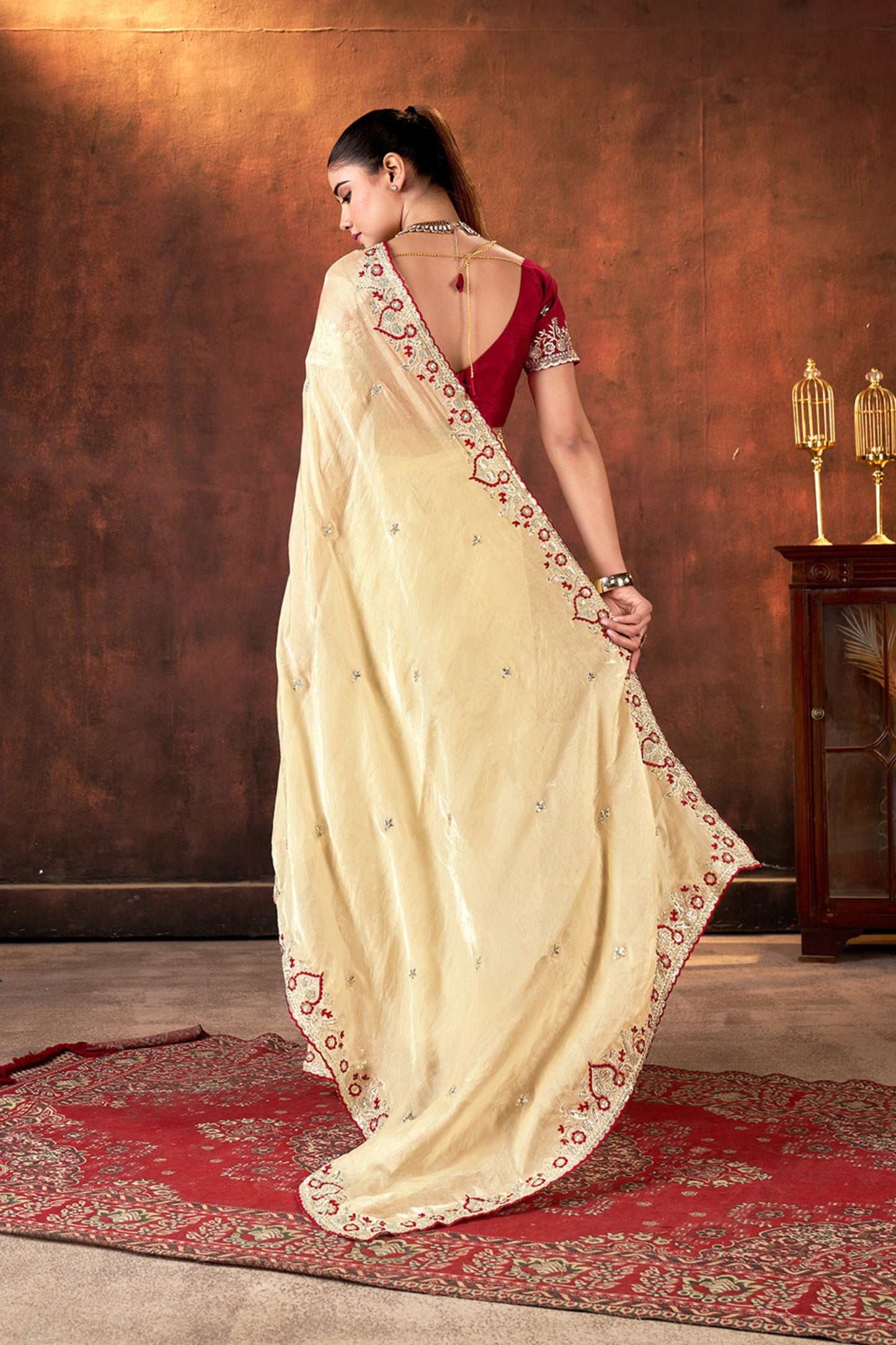 Cream Embroidered Silk Saree with Maroon Blouse Festive Occasions