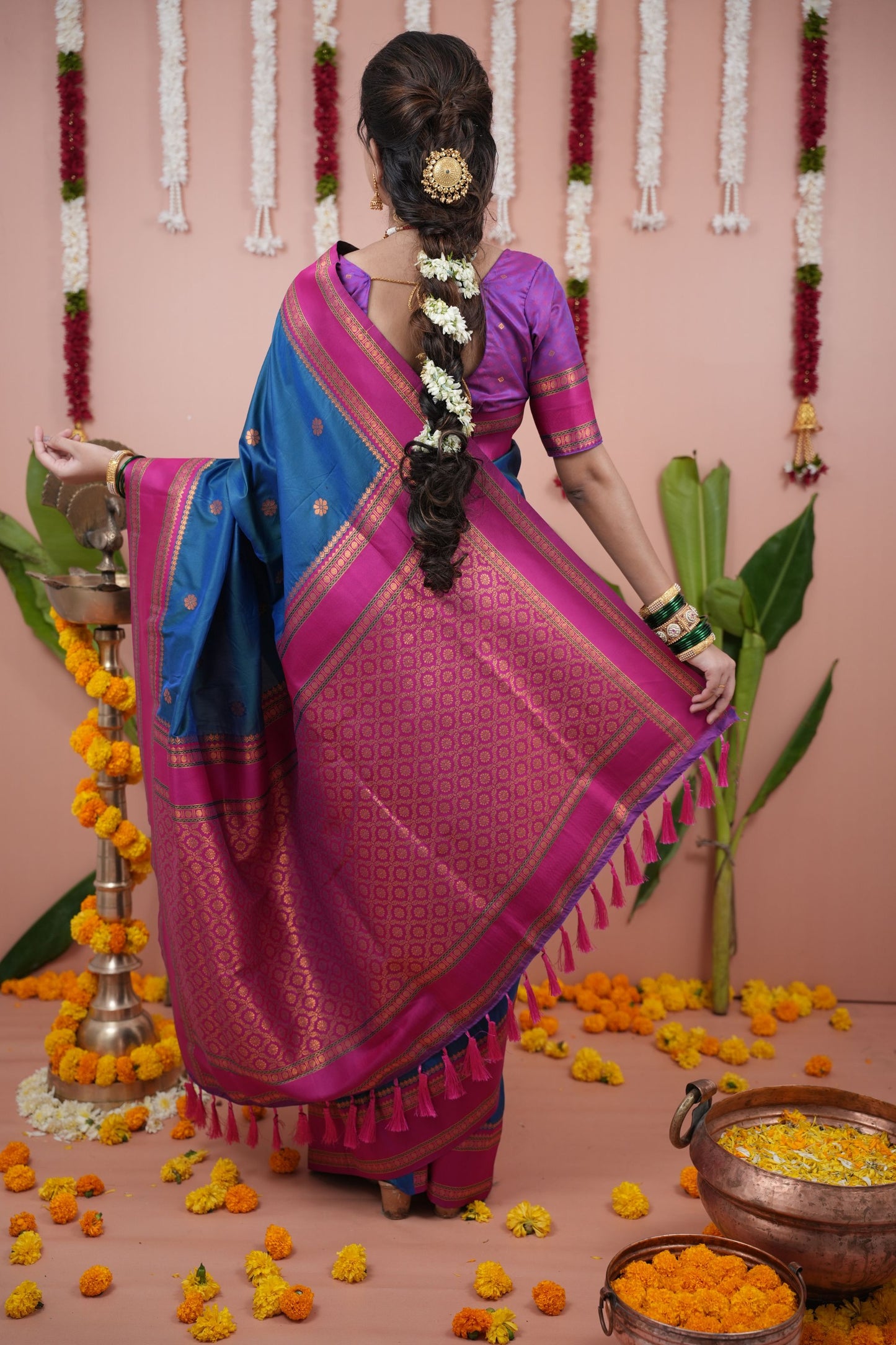 Deep Blue Silk Saree with Rani Pink Woven Border Traditional Design