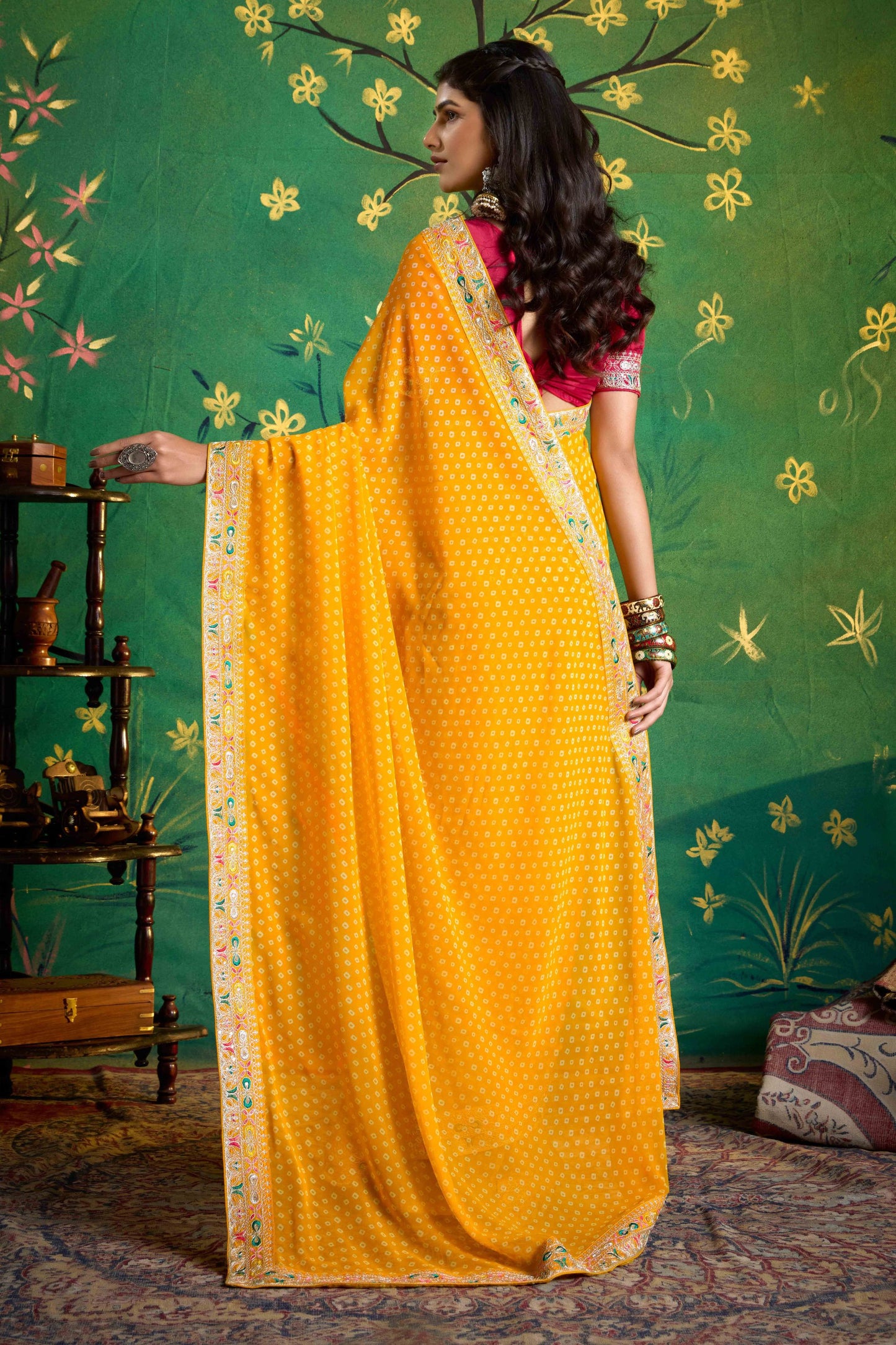 Mustard Yellow Bandhej Georgette Saree and Designer Blouse