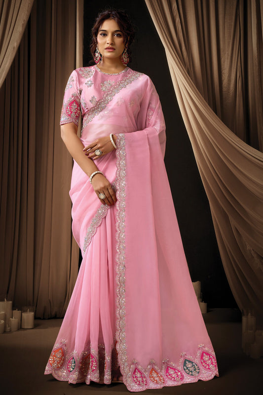 Elegant Pink Embroidered Designer Saree with Zari Border Blouse