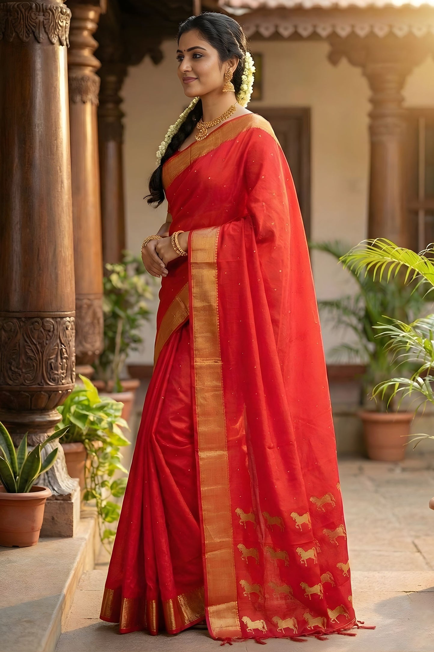 Red Kanjivaram Silk Saree Golden Zari Border Motif Saree