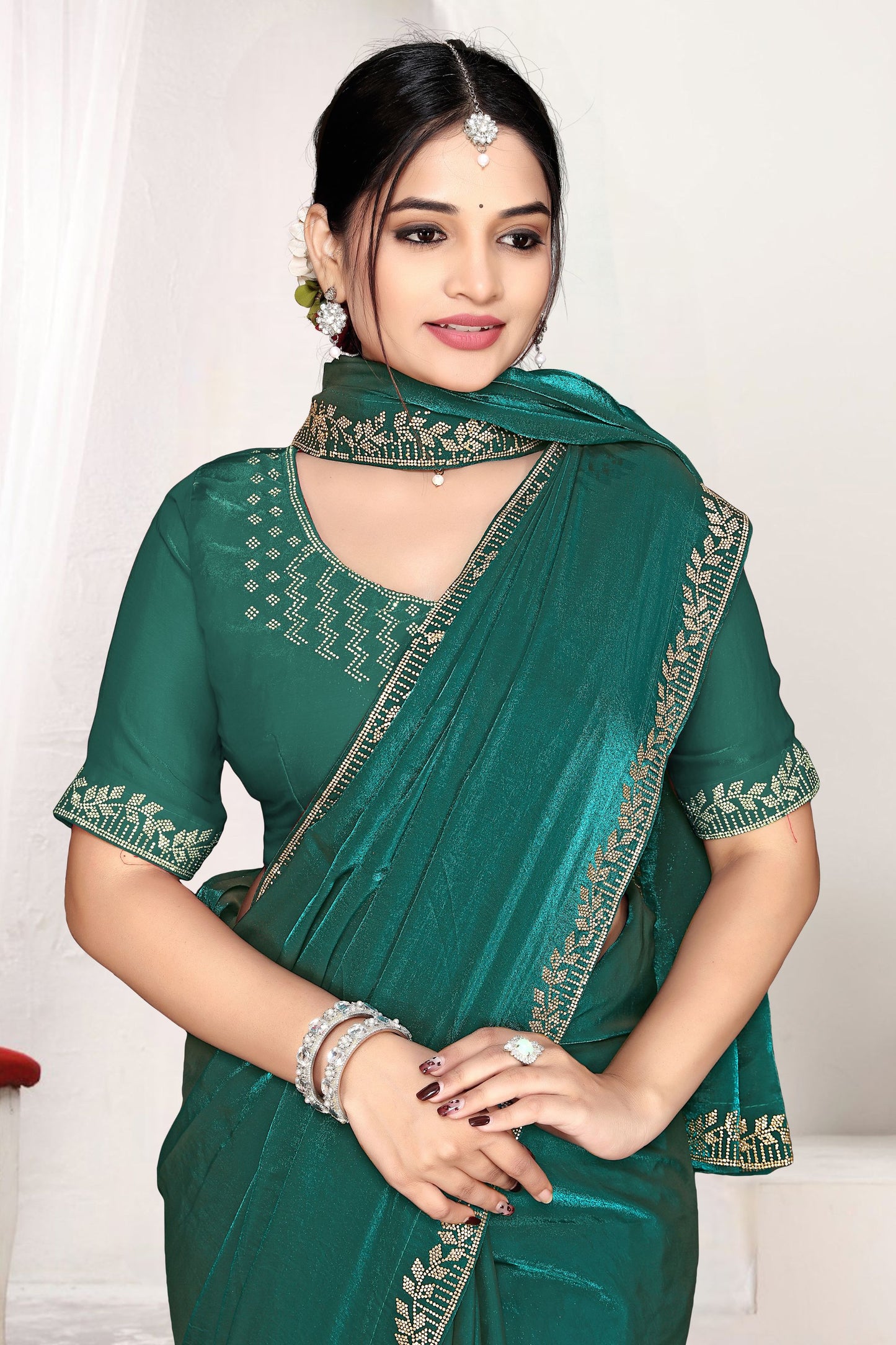 Bottle Green Silk Saree with Rich Golden Zari Border Designer Saree