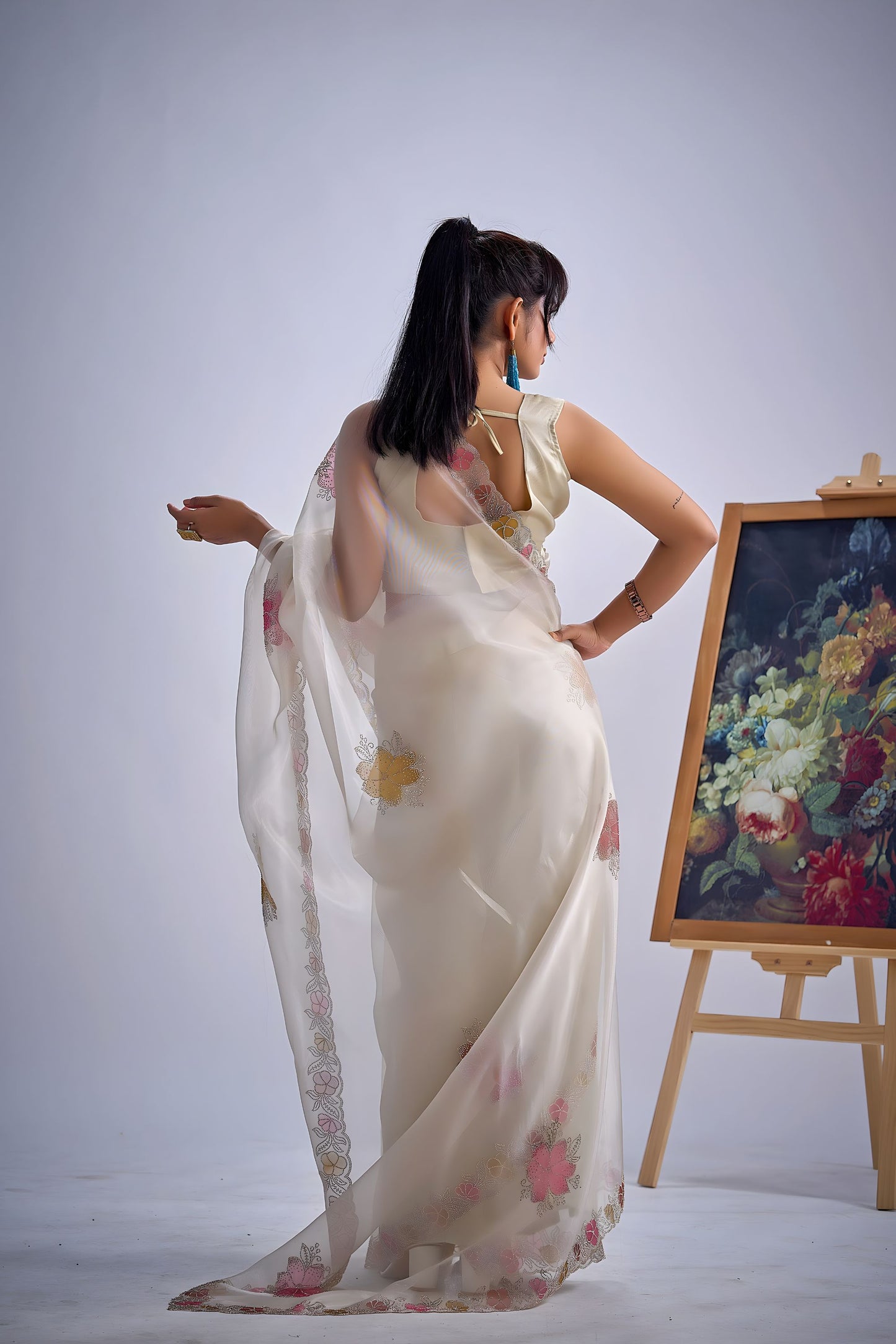 Off White Organza Saree with Floral Embroidery Border