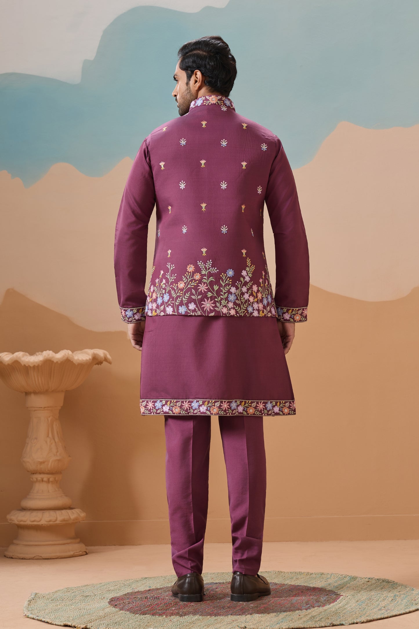 Stylish Purple Embroidered Silk Kurta Set with Floral Jacket for Wedding