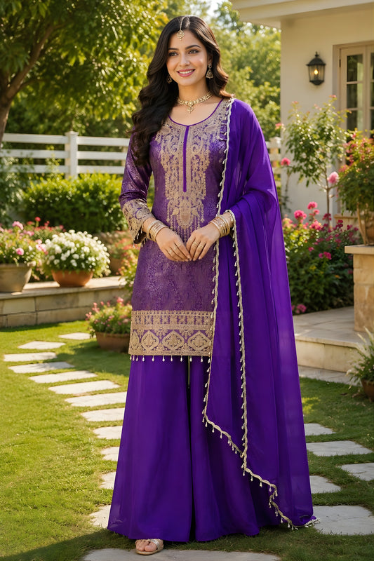 Outstanding Purple Viscose Jacquard Silk Palazzo Suit with Embroidery Work and Matching Dupatta