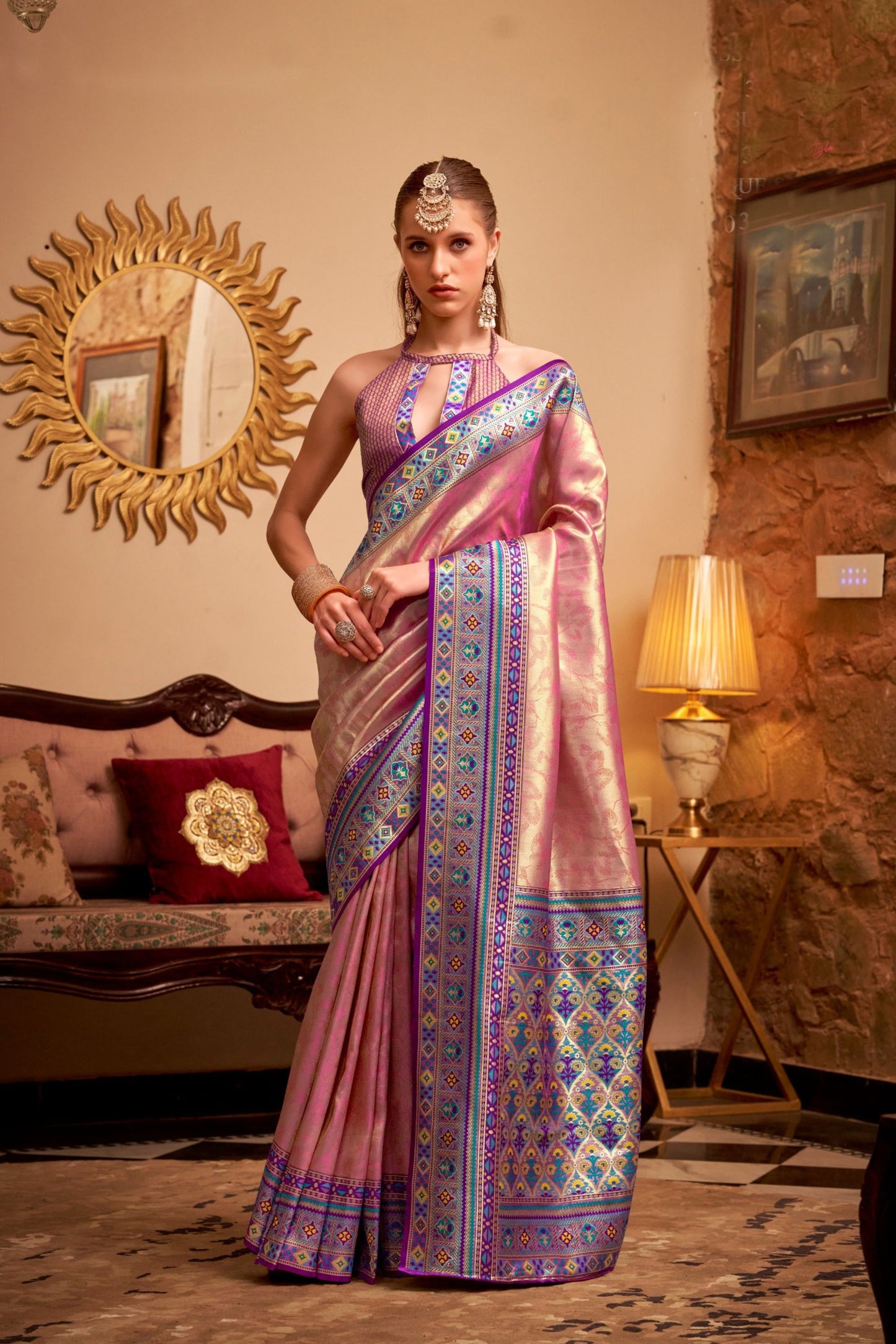 Elegant Pink Banarasi Silk Saree with Blue Purple Woven Border