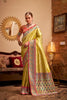Elegant Yellow Banarasi Silk Saree with Pink & Blue Woven Border