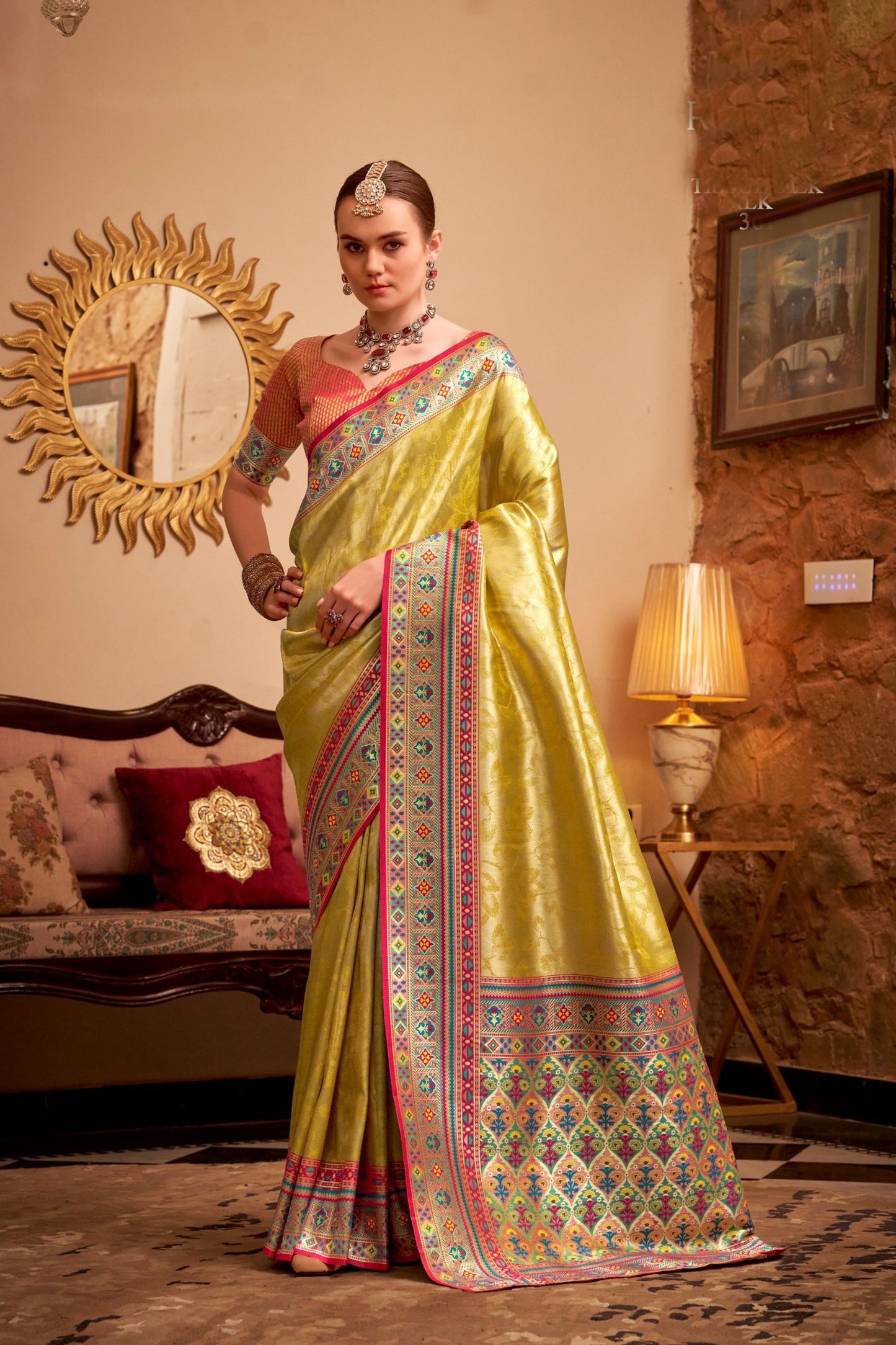 Elegant Yellow Banarasi Silk Saree with Pink & Blue Woven Border