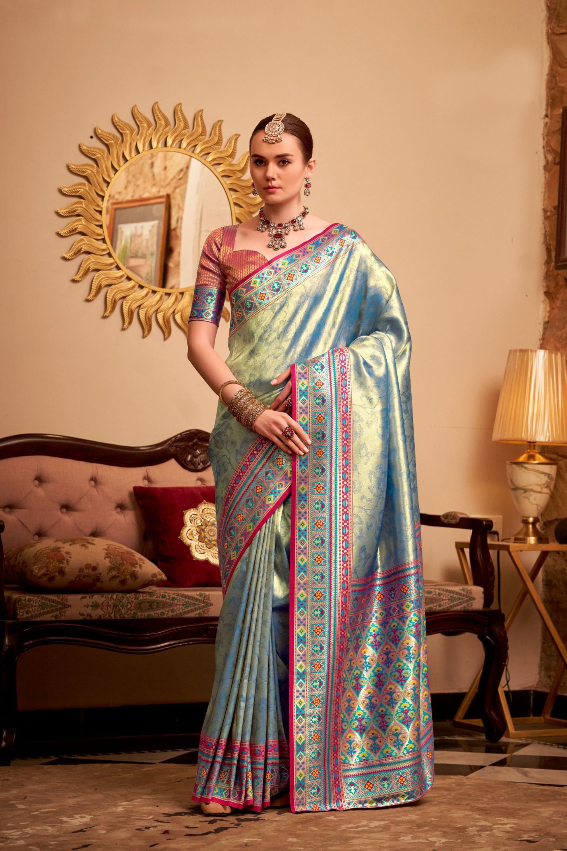 Elegant Sky Blue Banarasi Silk Saree with Pink & Blue Woven Border