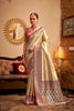 Elegant Beige Banarasi Silk Saree with Pink & Blue Woven Border