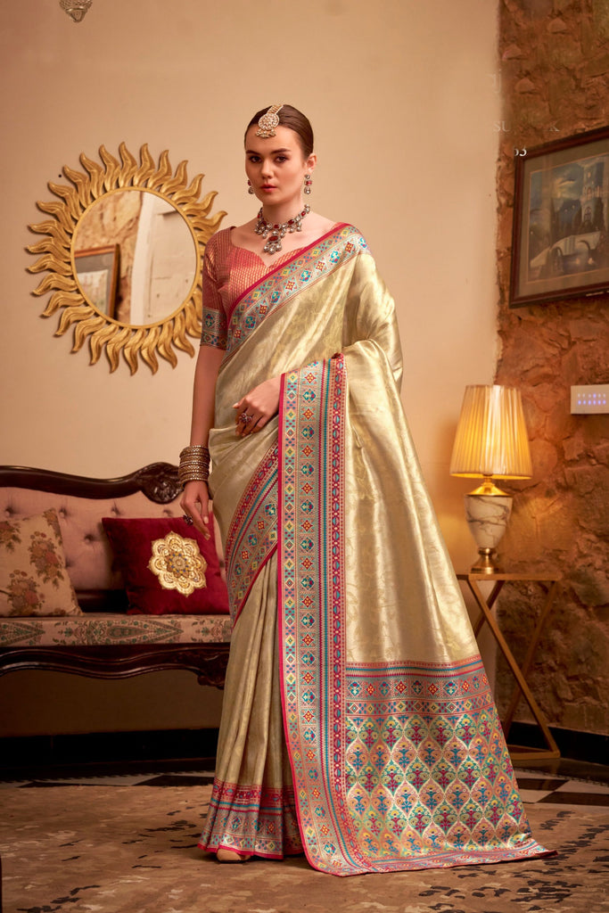 Elegant Beige Banarasi Silk Saree with Pink & Blue Woven Border