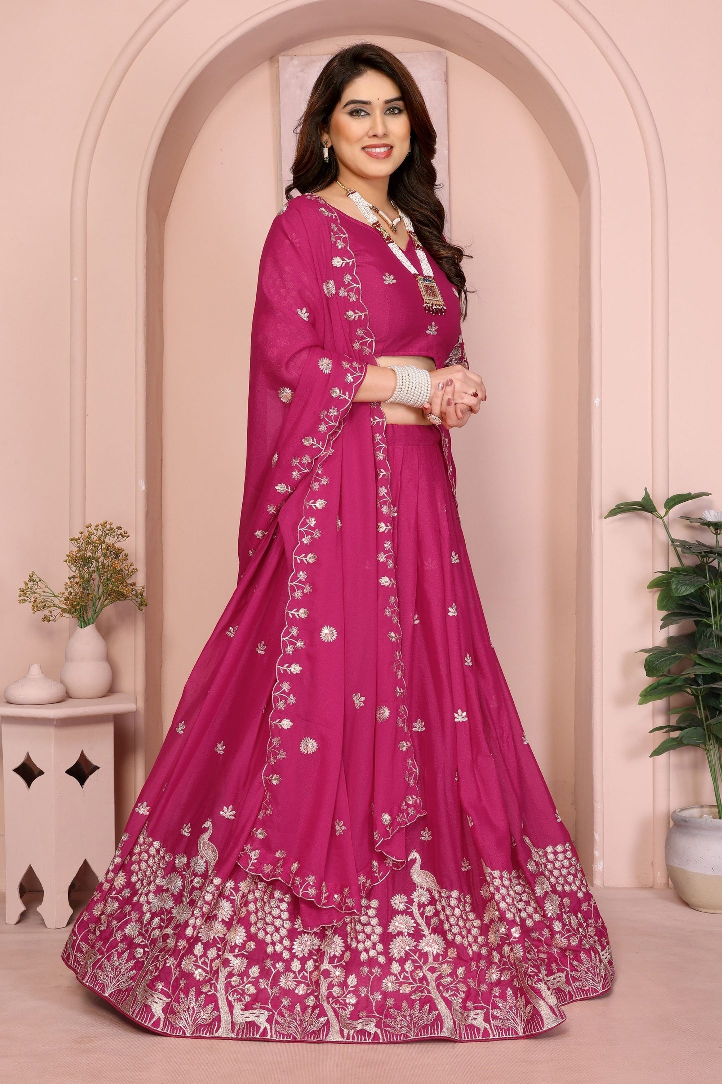 Magenta Embroidered Lehenga Choli with Silver Zari Peacock and Floral Design
