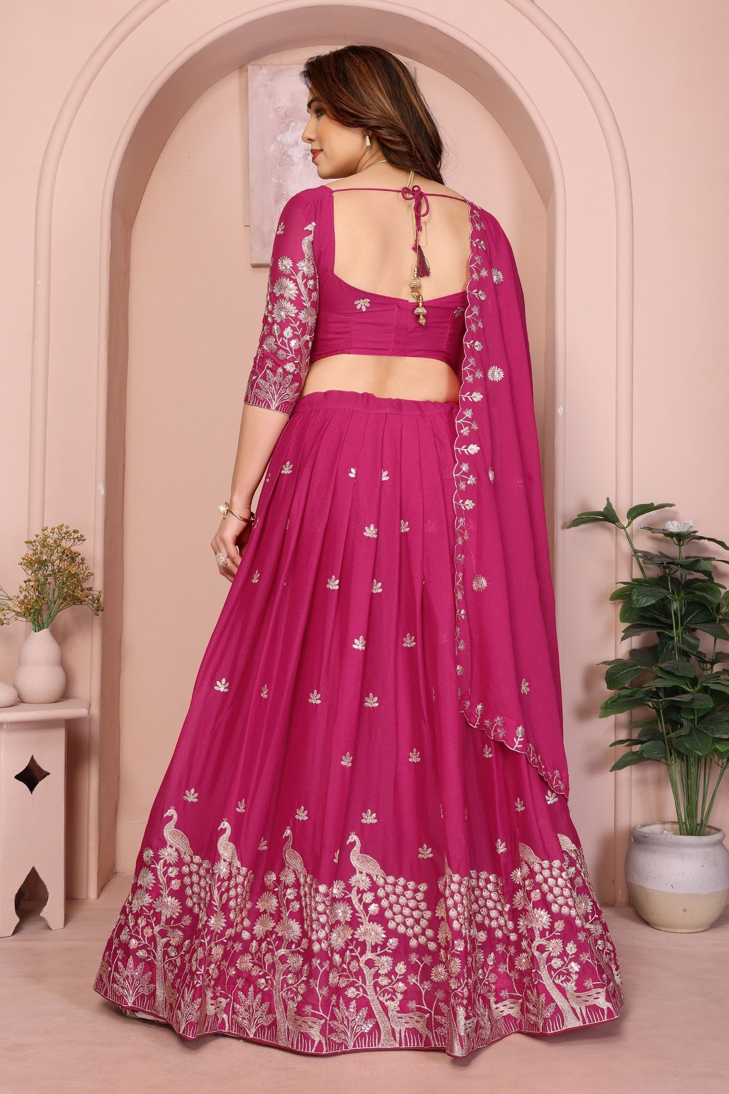 Magenta Embroidered Lehenga Choli with Silver Zari Peacock and Floral Design