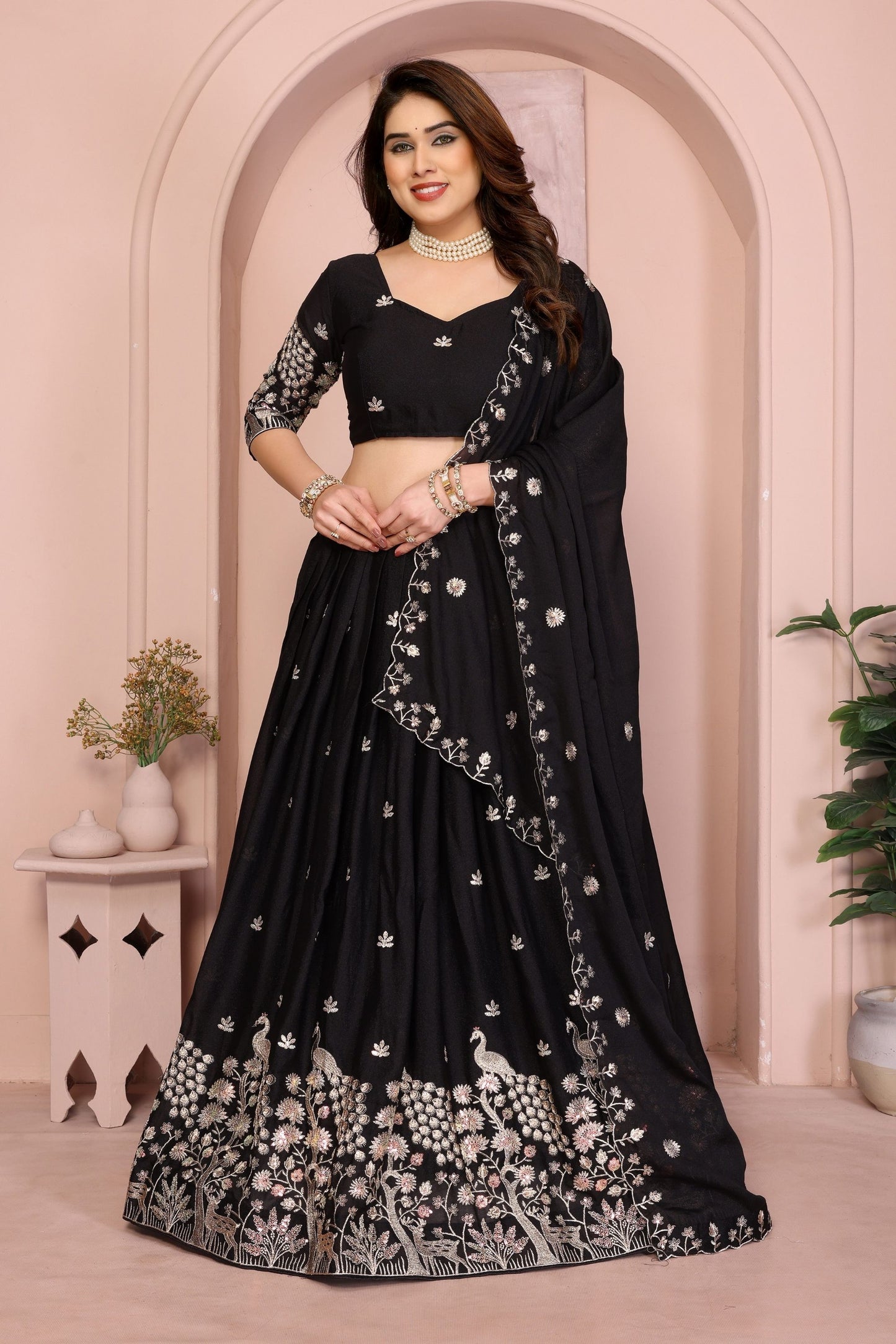 Black Embroidered Lehenga Choli with Silver Peacock and Floral Zari Work