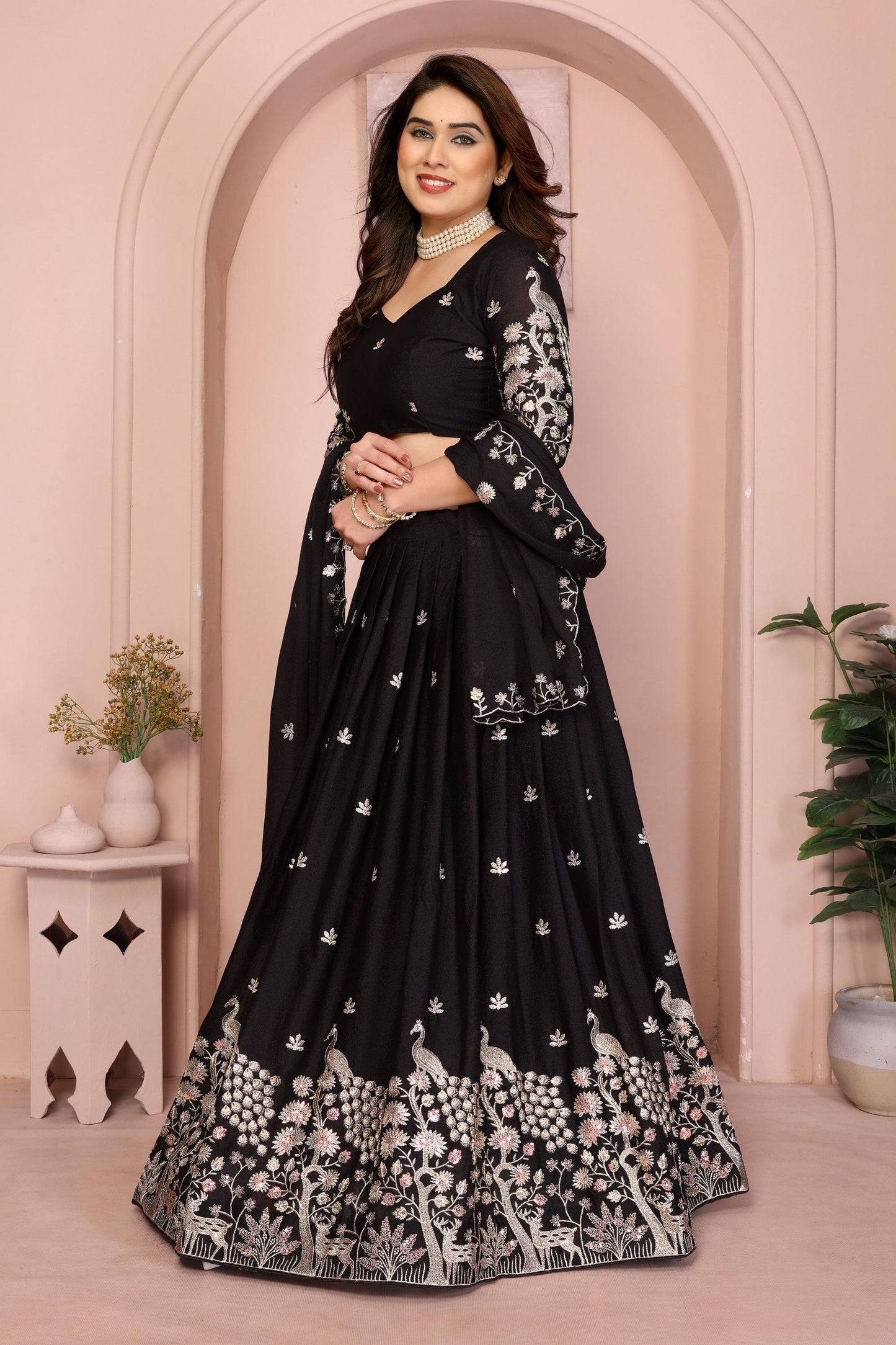 Black Embroidered Lehenga Choli with Silver Peacock and Floral Zari Work