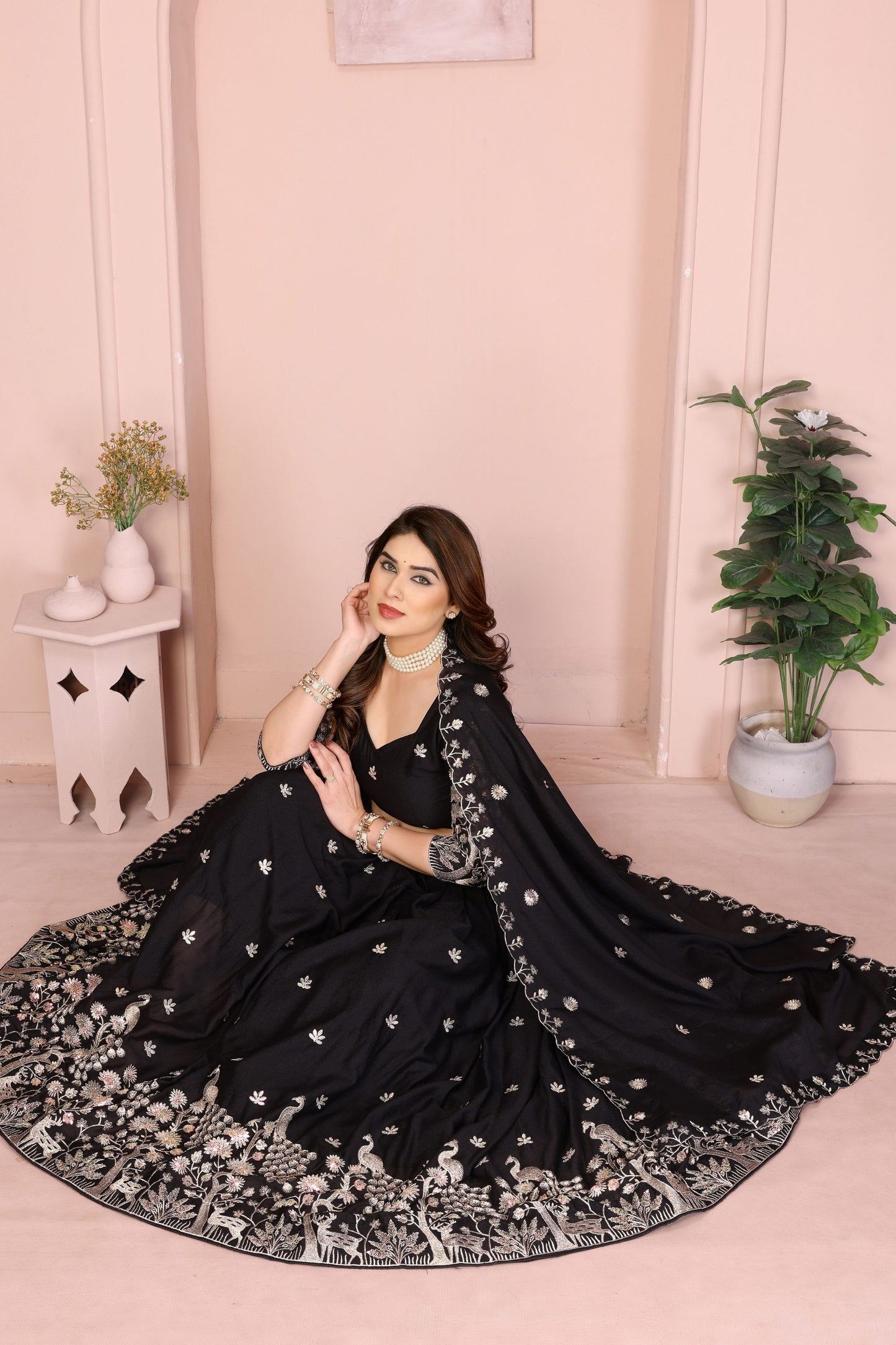 Black Embroidered Lehenga Choli with Silver Peacock and Floral Zari Work