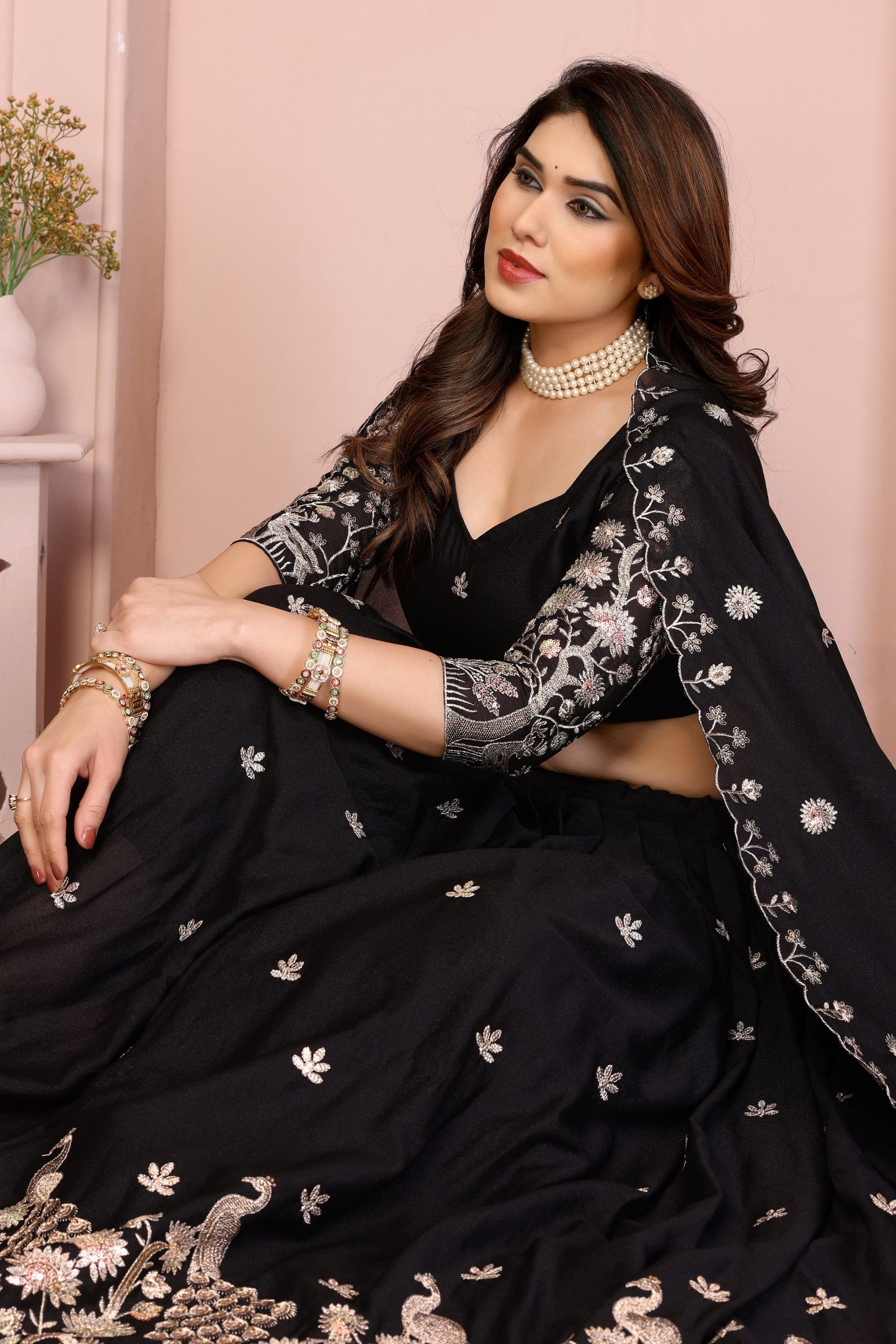 Black Embroidered Lehenga Choli with Silver Peacock and Floral Zari Work