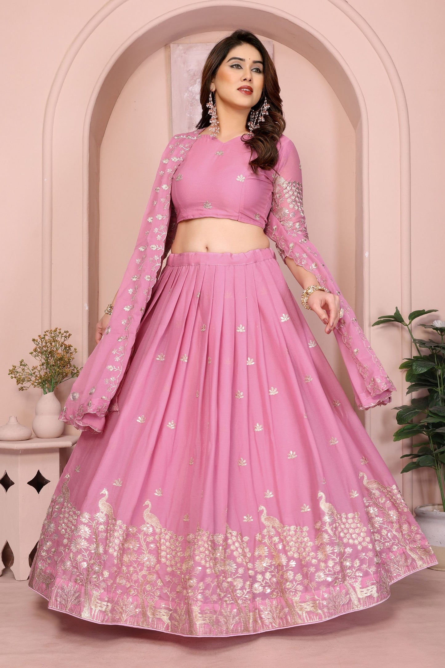 Pink Embroidered Lehenga Choli with Dupatta Silk Blend Bridal Party Wear