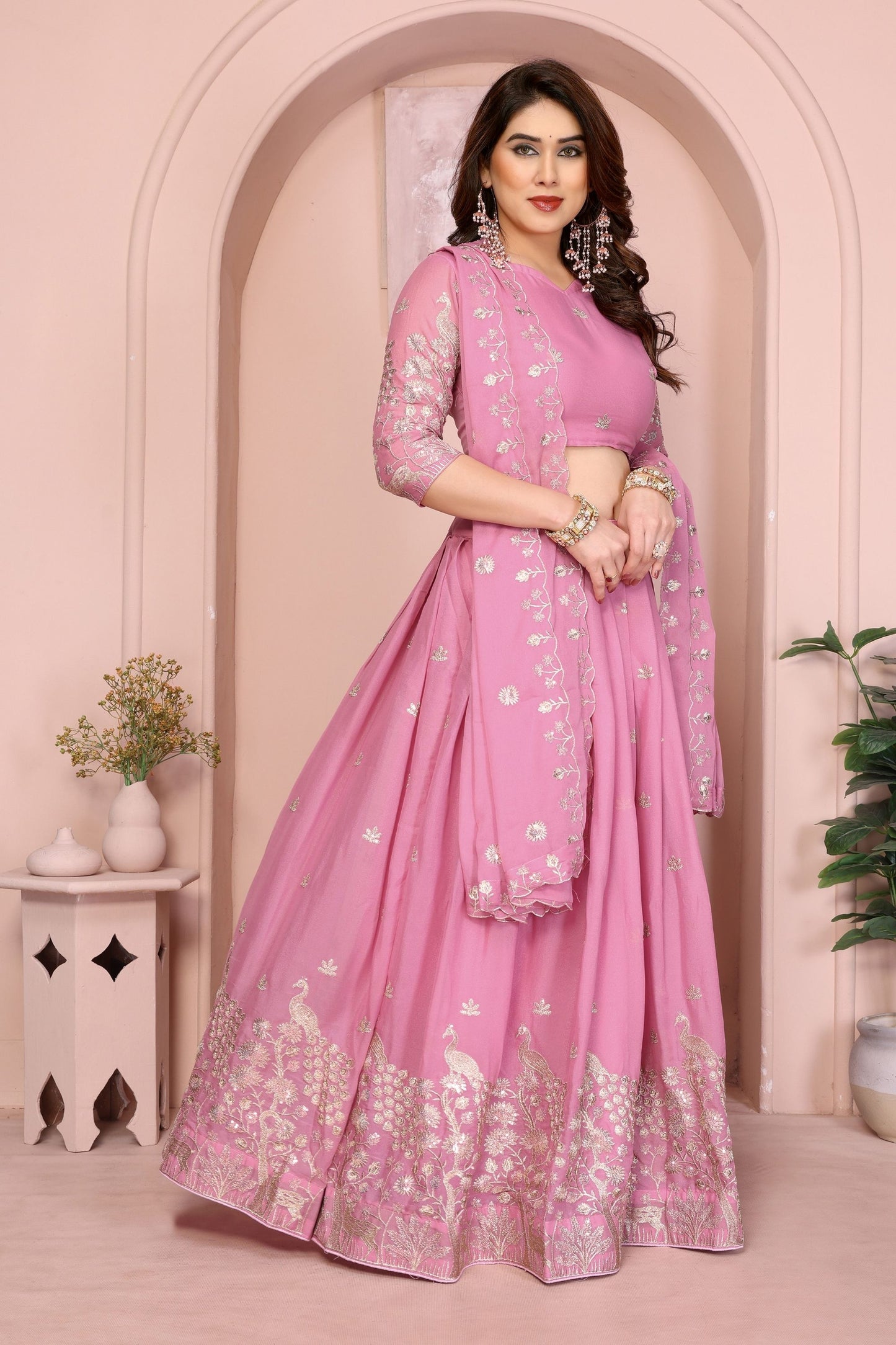 Pink Embroidered Lehenga Choli with Dupatta Silk Blend Bridal Party Wear