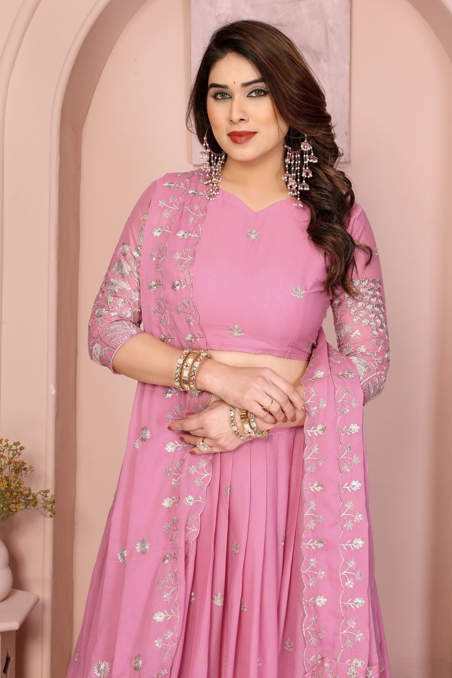 Pink Embroidered Lehenga Choli with Dupatta Silk Blend Bridal Party Wear