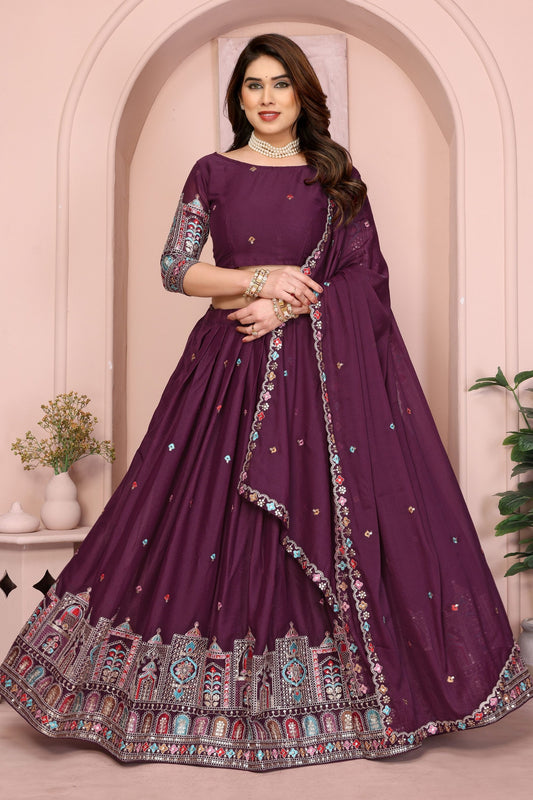 Dark Purple Embroidered Lehenga Choli with Dupatta Silk Blend Traditional Festive Wear