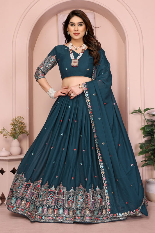 Teal Blue Embroidered Lehenga Choli with Dupatta Silk Blend Traditional Festive Wear