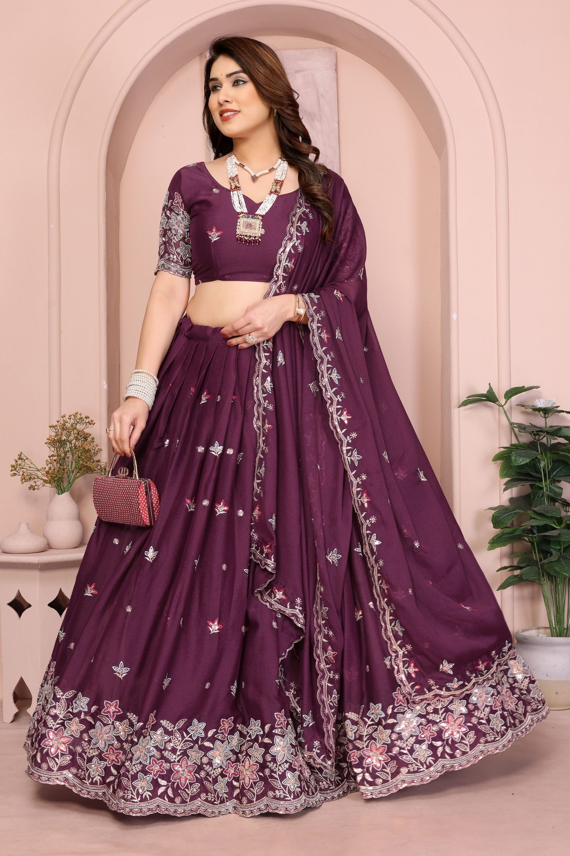 Wine Purple Floral Embroidered Lehenga Choli with Dupatta Silk Blend Wedding Festive Wear
