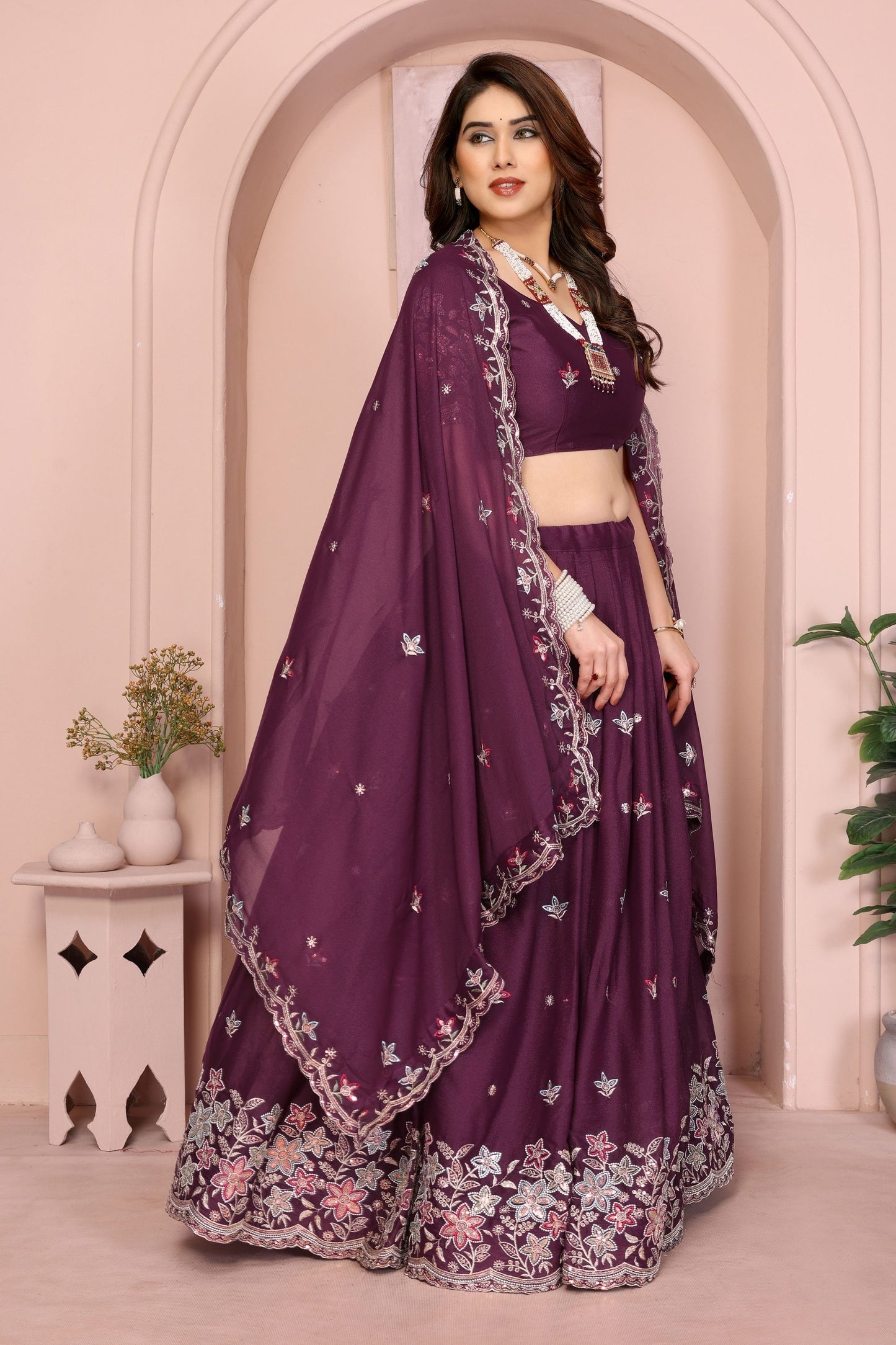 Wine Purple Floral Embroidered Lehenga Choli with Dupatta Silk Blend Wedding Festive Wear