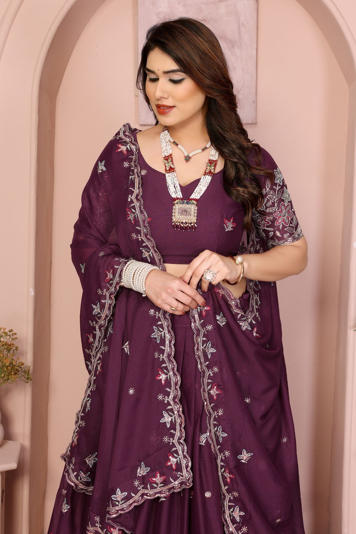 Wine Purple Floral Embroidered Lehenga Choli with Dupatta Silk Blend Wedding Festive Wear