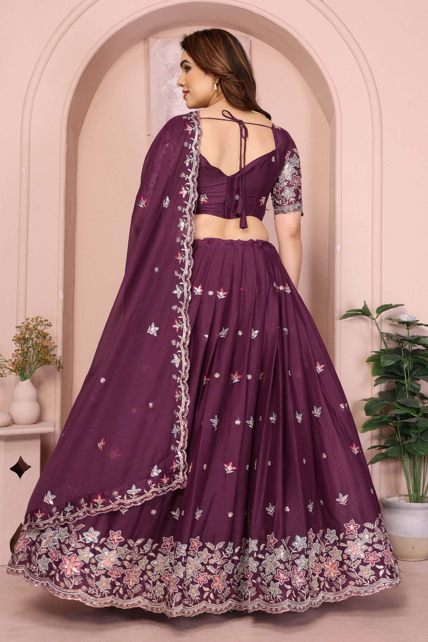 Wine Purple Floral Embroidered Lehenga Choli with Dupatta Silk Blend Wedding Festive Wear