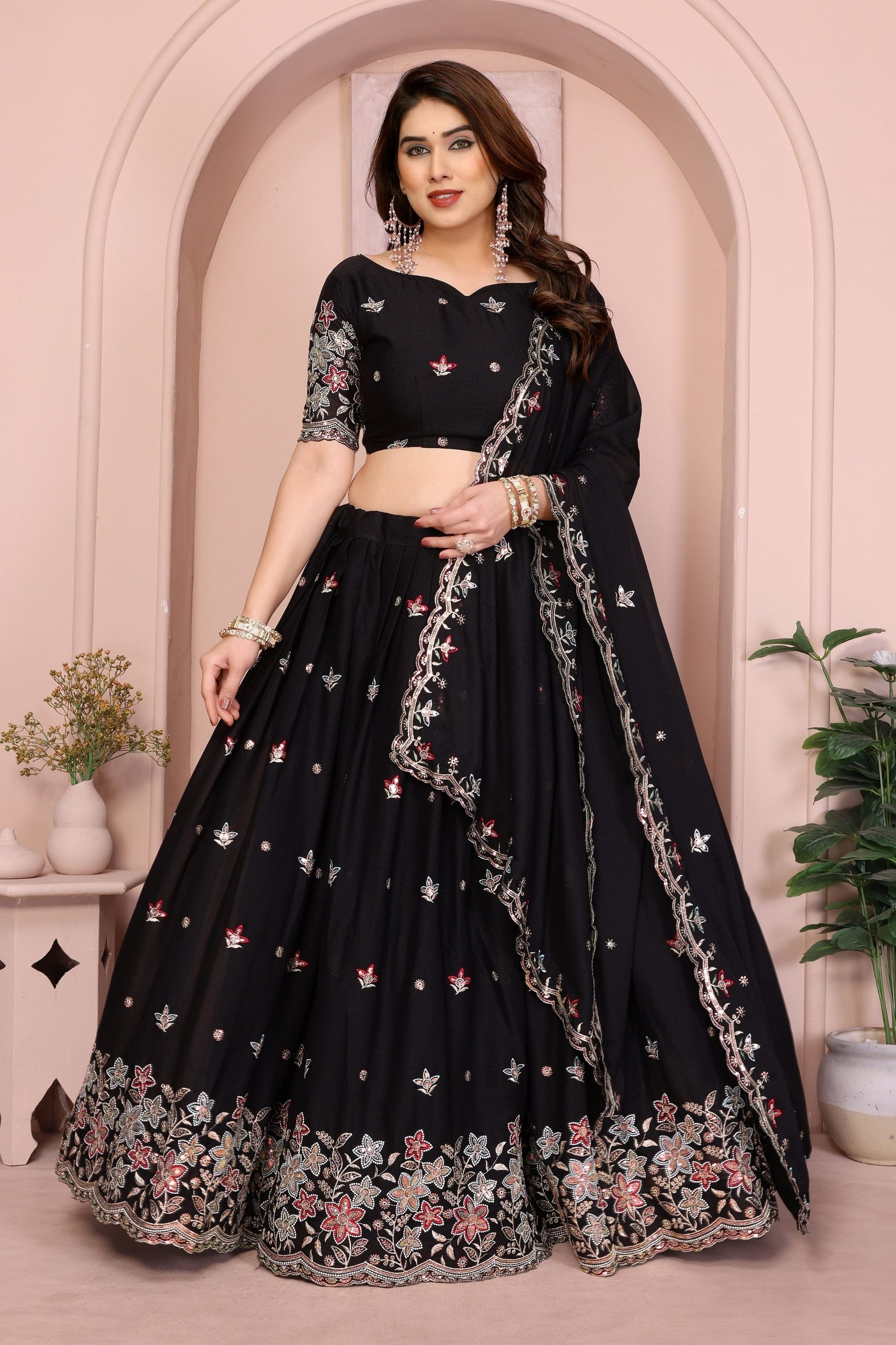Black Floral Embroidered Lehenga Choli with Dupatta Silk Blend Traditional Festive Wear