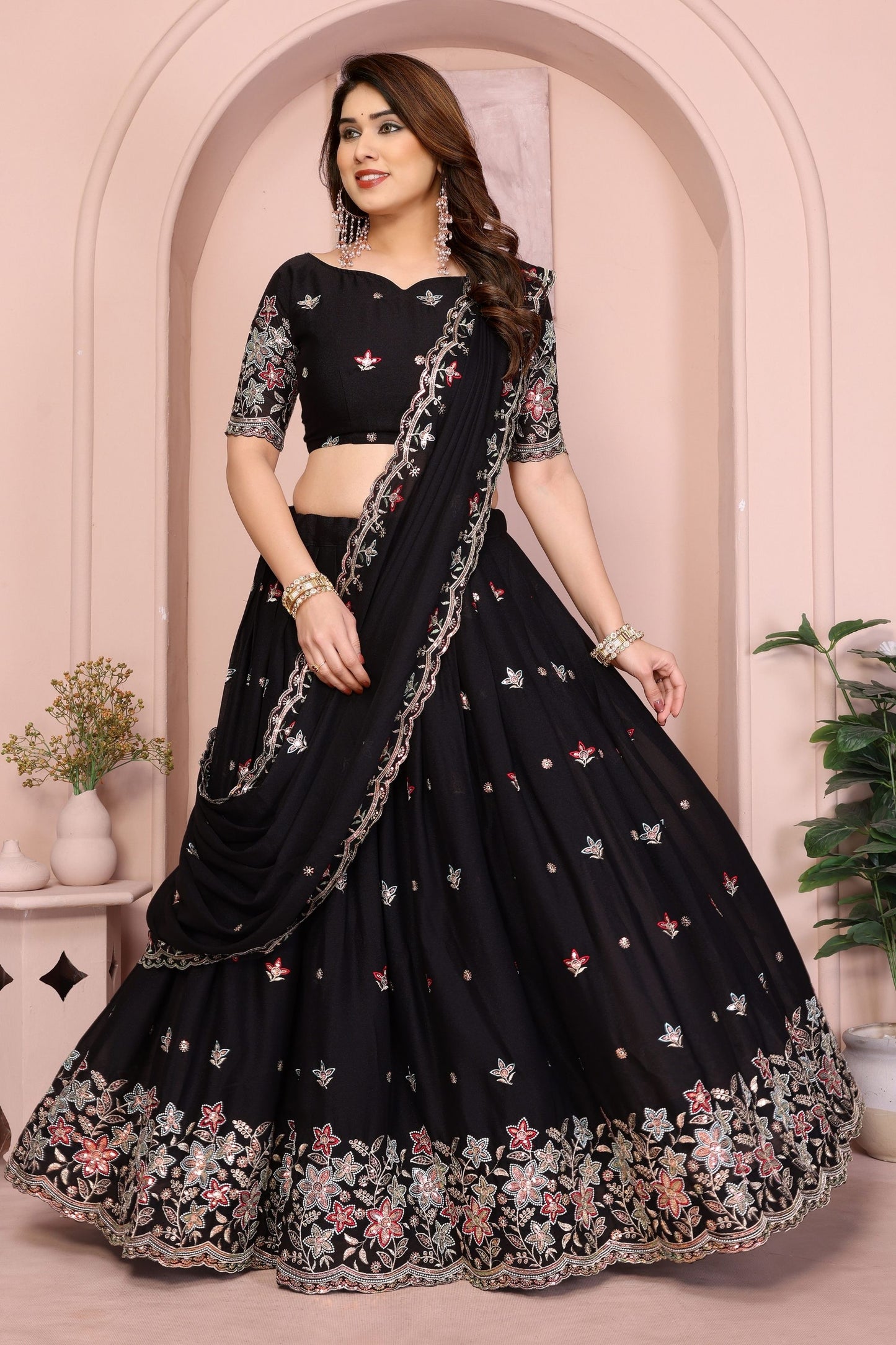 Black Floral Embroidered Lehenga Choli with Dupatta Silk Blend Traditional Festive Wear